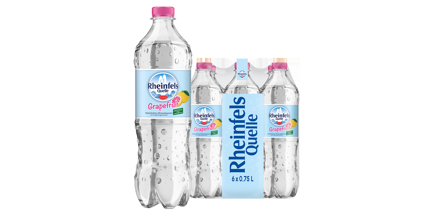 Pack mit 6 Flaschen Rheinfels Quelle Grapefruit in 0,75 L PET-Einweg