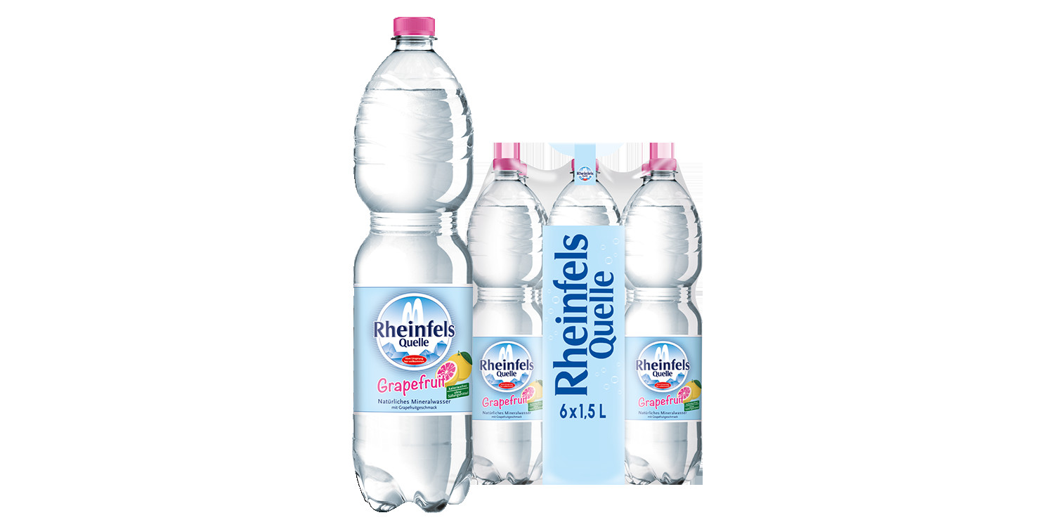 Pack mit 6 Flaschen Rheinfels Quelle Grapefruit in 1,5 L PET-Einweg