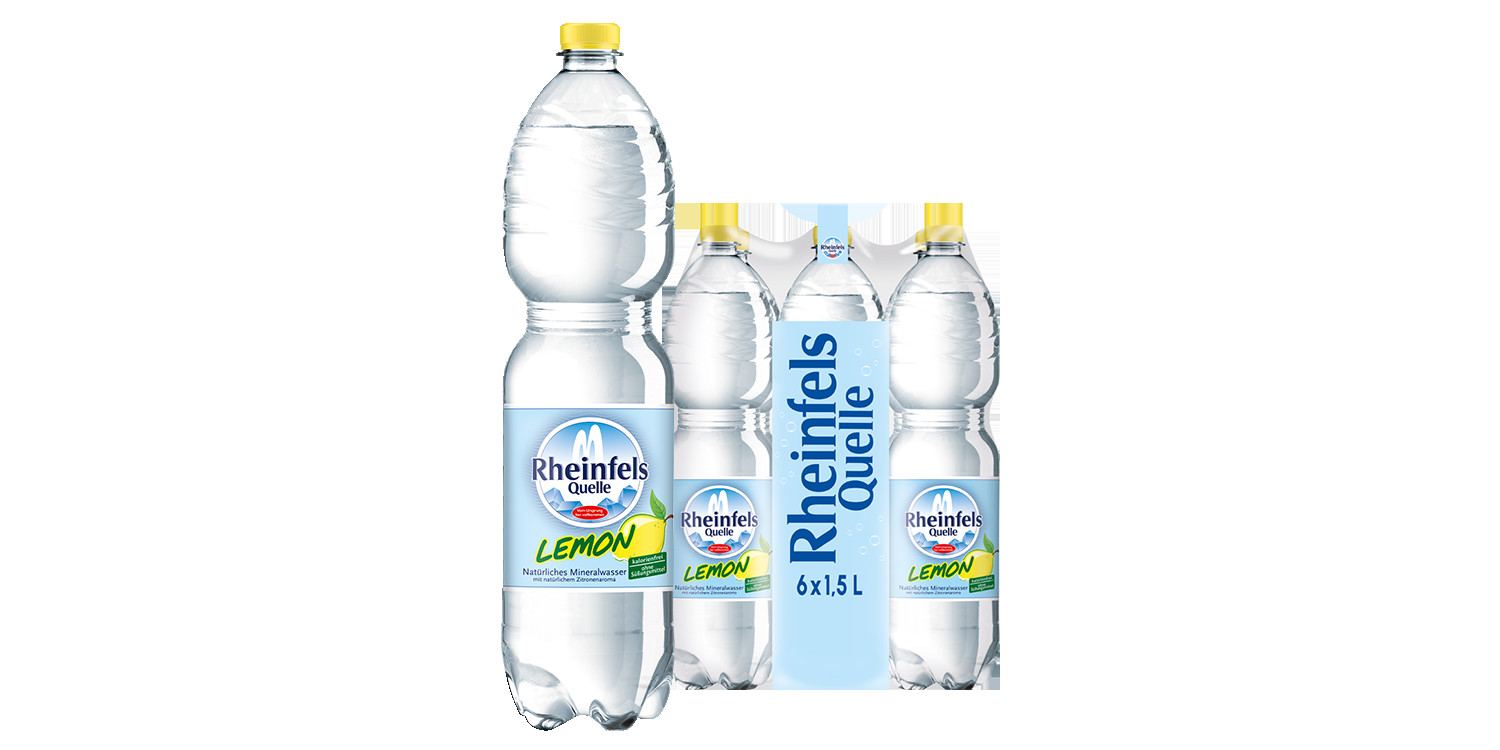 Pack mit 6 Flaschen Rheinfels Quelle Lemon in 1,5 L PET-Einweg