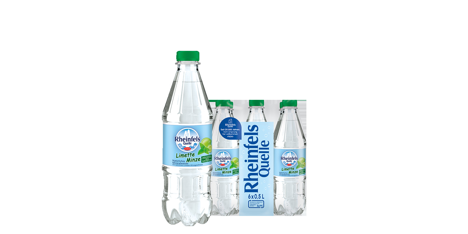 Pack mit 6 Flaschen Rheinfels Quelle Limette-Minze in 0,5 L PET-Einweg