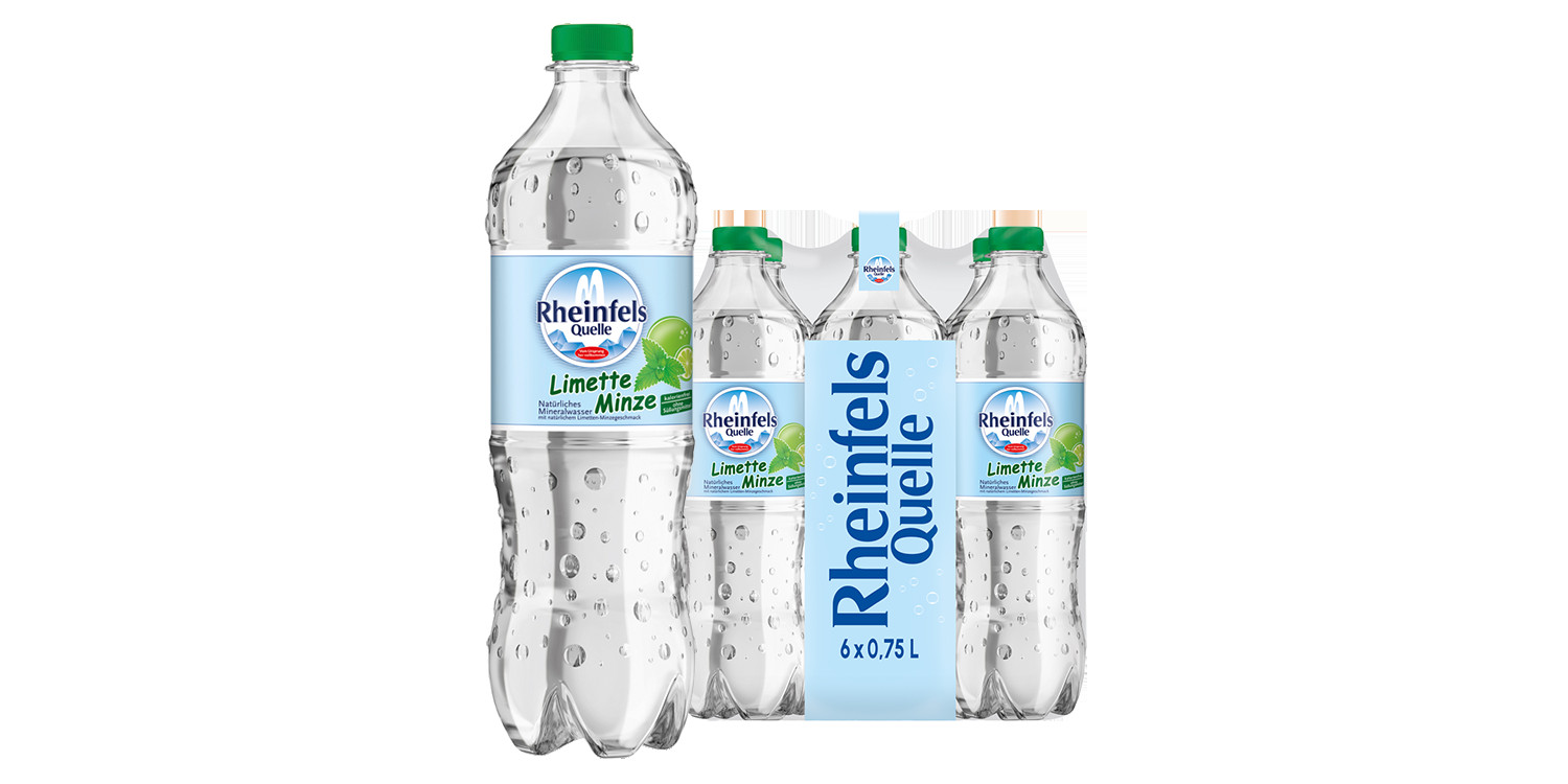 Pack mit 6 Flaschen Rheinfels Quelle Limette-Minze in 0,75 L PET-Einweg