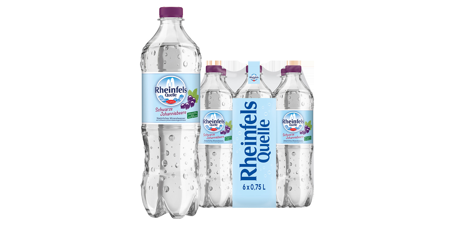 Pack mit 6 Flaschen Rheinfels Quelle Schwarze Johannisbeere in 0,75 L PET-Einweg