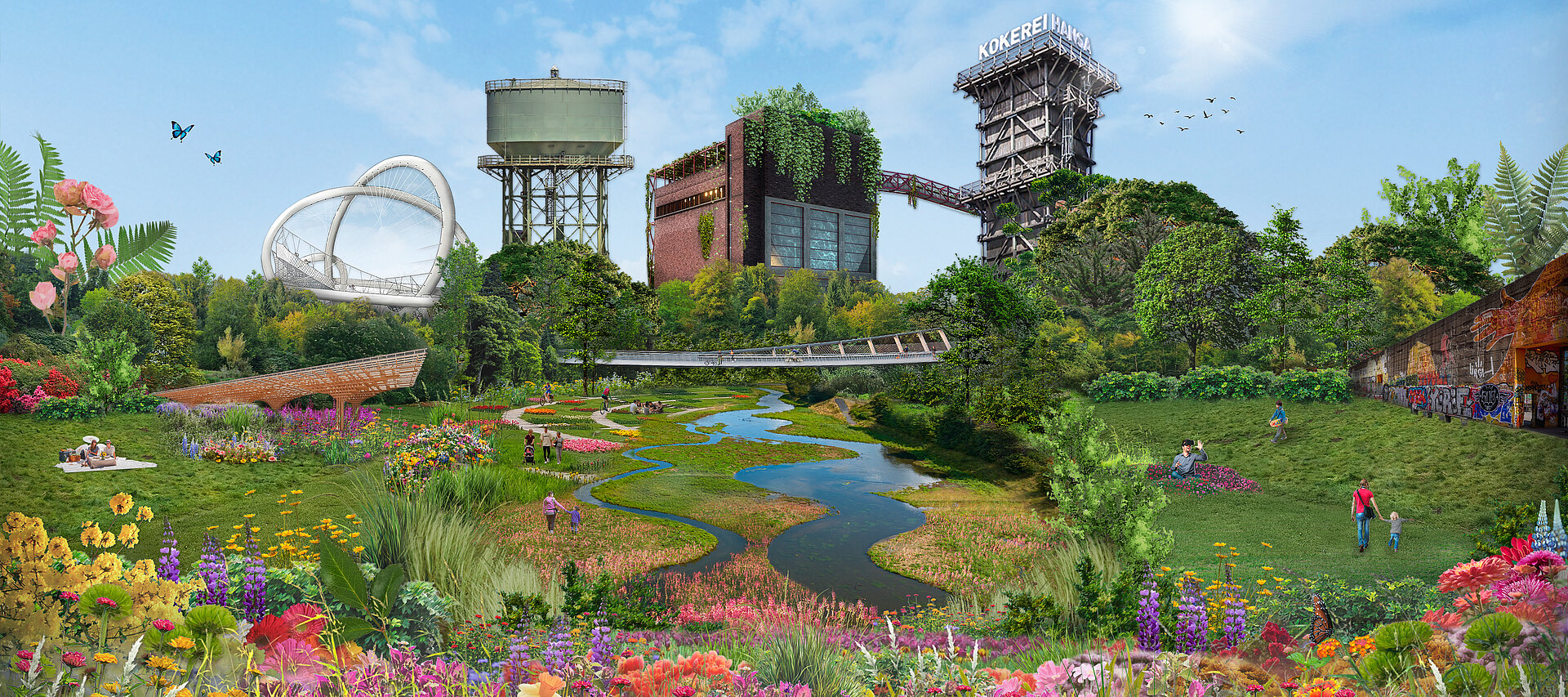 Collage aus bunter Gartenlandschaft mit Wahrzeichen der Region im Hintergrund