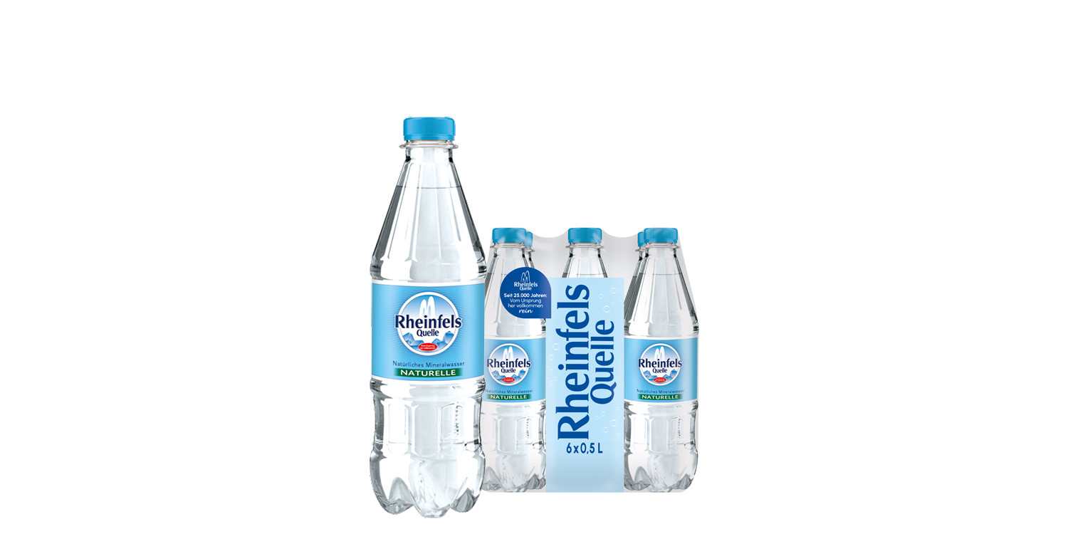 Pack mit 6 Flaschen Rheinfels Quelle Naturelle in 0,5 L PET-Einweg